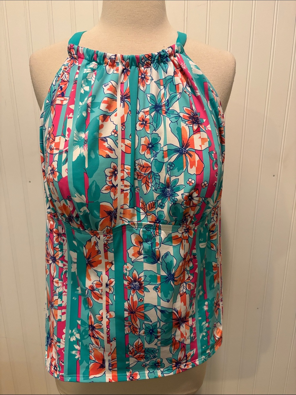 Lands’ End Floral Halter Tankini Top in Teal and Coral Stripes Sz 18W